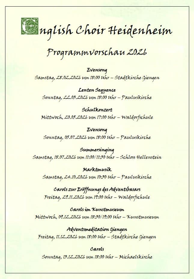 Veranstaltungsübersicht 2026 – English Choir Heidenheim